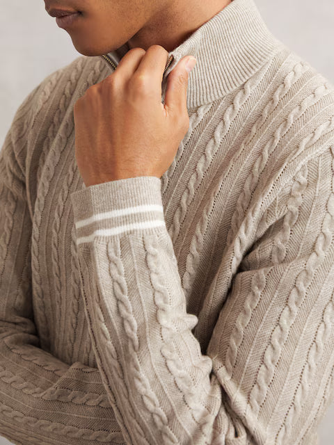 Oatmeal Brown Wool Blend Half-Zip Cable Knit Jumper